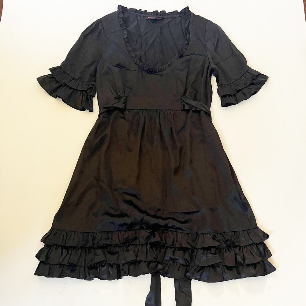 Betsey Johnson Vintage Dress Black Silk Scoop Neck Size 6 Coquette Girl Mini